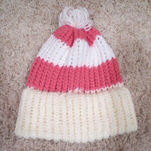New NWOT Homemade Women's Pink & White Knitted Winter Hat with Tassel